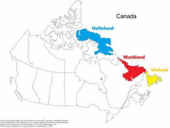 Fig. 1; Royalty free Map of Canada edited by the author to display possible locations of Helluland and Markland, along with the location of Newfoundland in which the L’Anse Aux Meadows site is located.